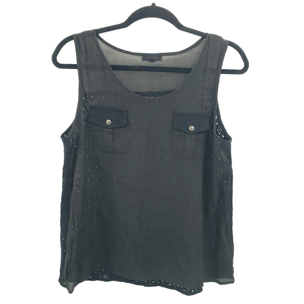 Womens Large Black Sleeveless Blouse Womens Pockets Crachet Back Scoop Neck Top